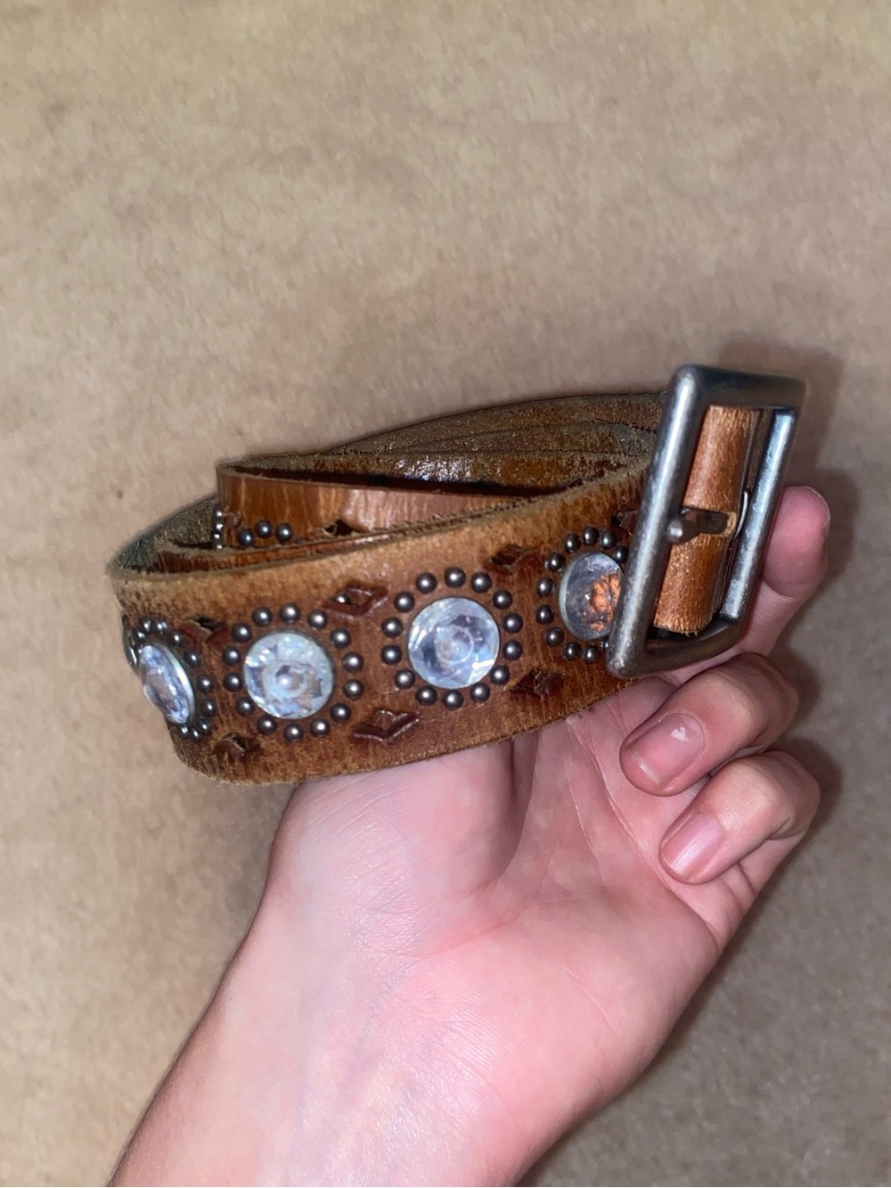 Hollister Brown Leather Belt with Crystal Studs